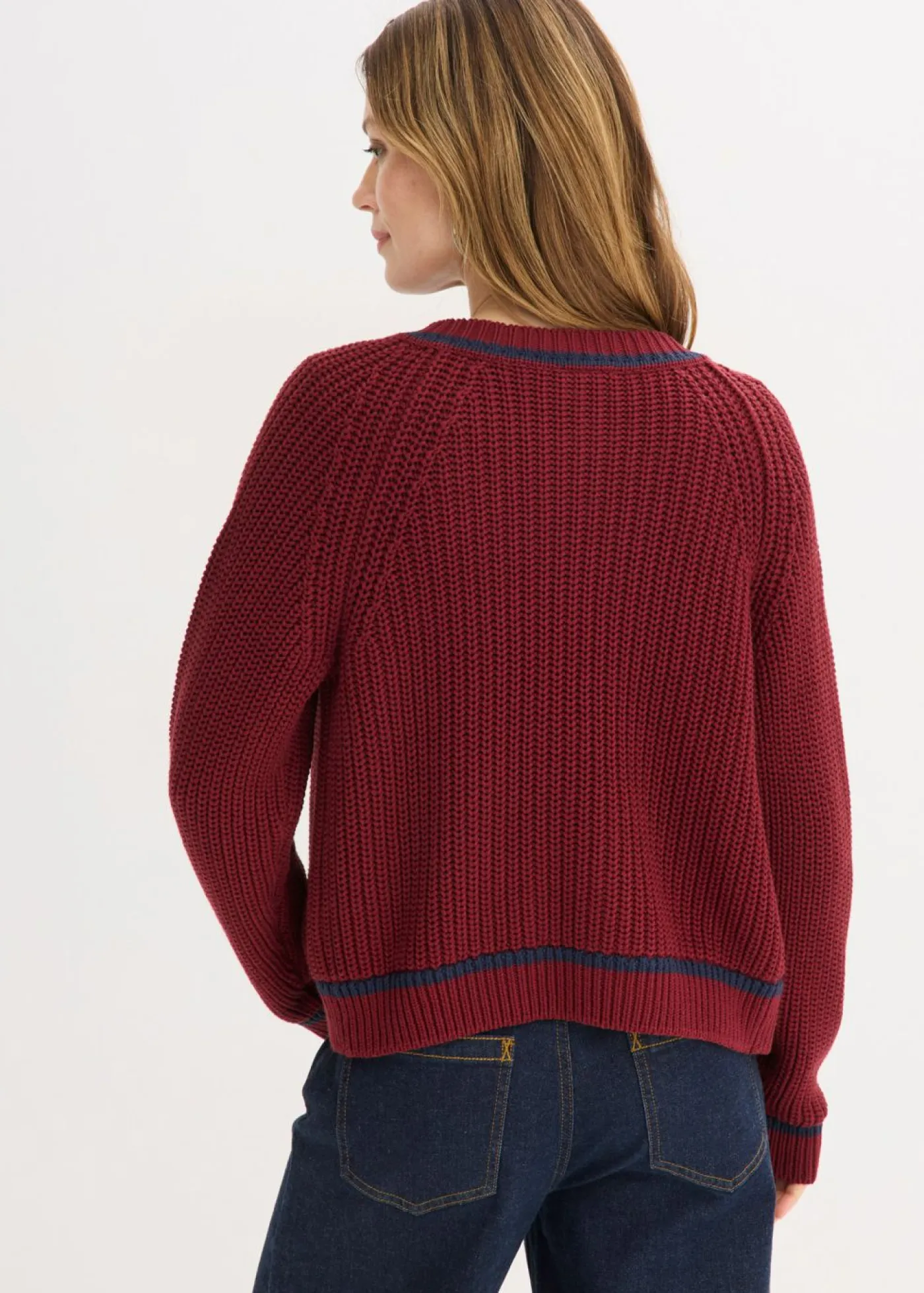 bonprix bonprix Jerséis|Ropa De Punto>Chaqueta de punto con rayas en contraste rojo rubí-azul marino