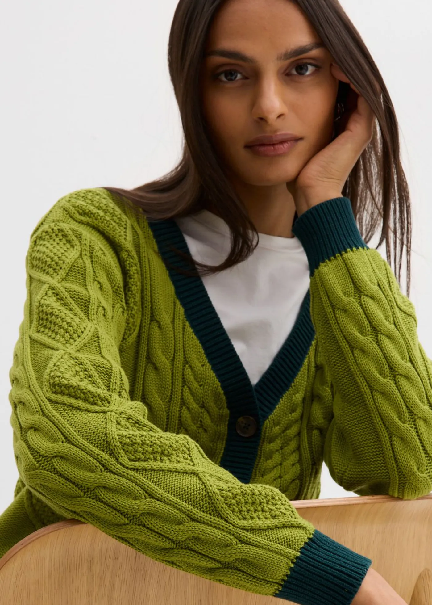 bonprix bonprix Jerséis|Ropa De Punto>Chaqueta de punto de algodón puro musgo-verde intenso