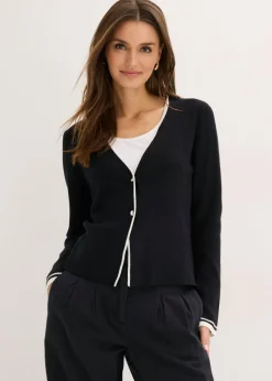 bonprix bonprix Jerséis|Ropa De Punto>Chaqueta de punto de canalé de mezcla de viscosa Negro-blanco lana