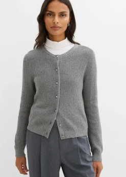 bonprix bonprix Esenciales|Jerséis>Chaqueta de punto de mezcla de lana con botones decorativos Gris jaspeado