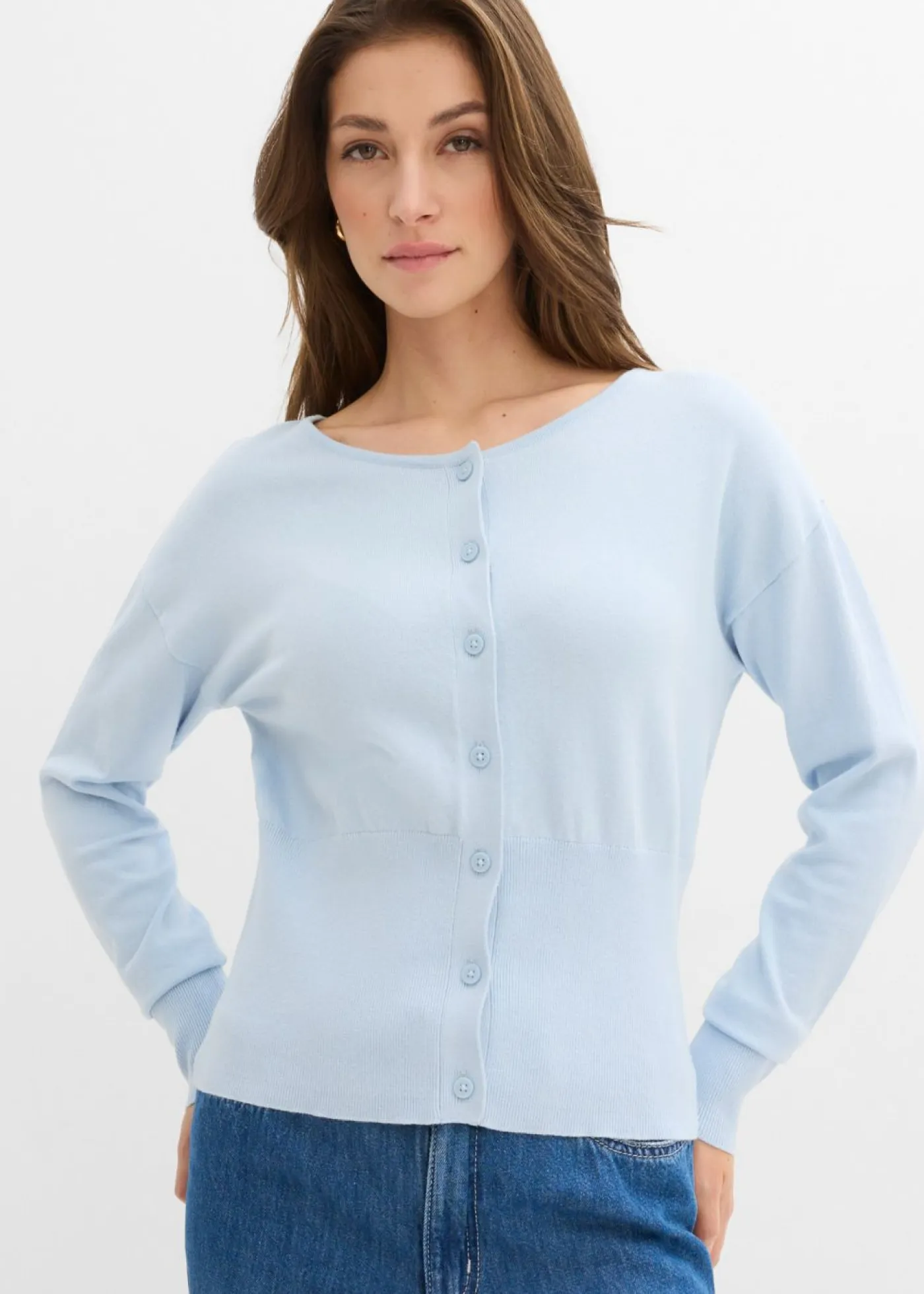 bonprix bonprix Jerséis|Novedades>Chaqueta de punto fino con cuello redondo azul pálido