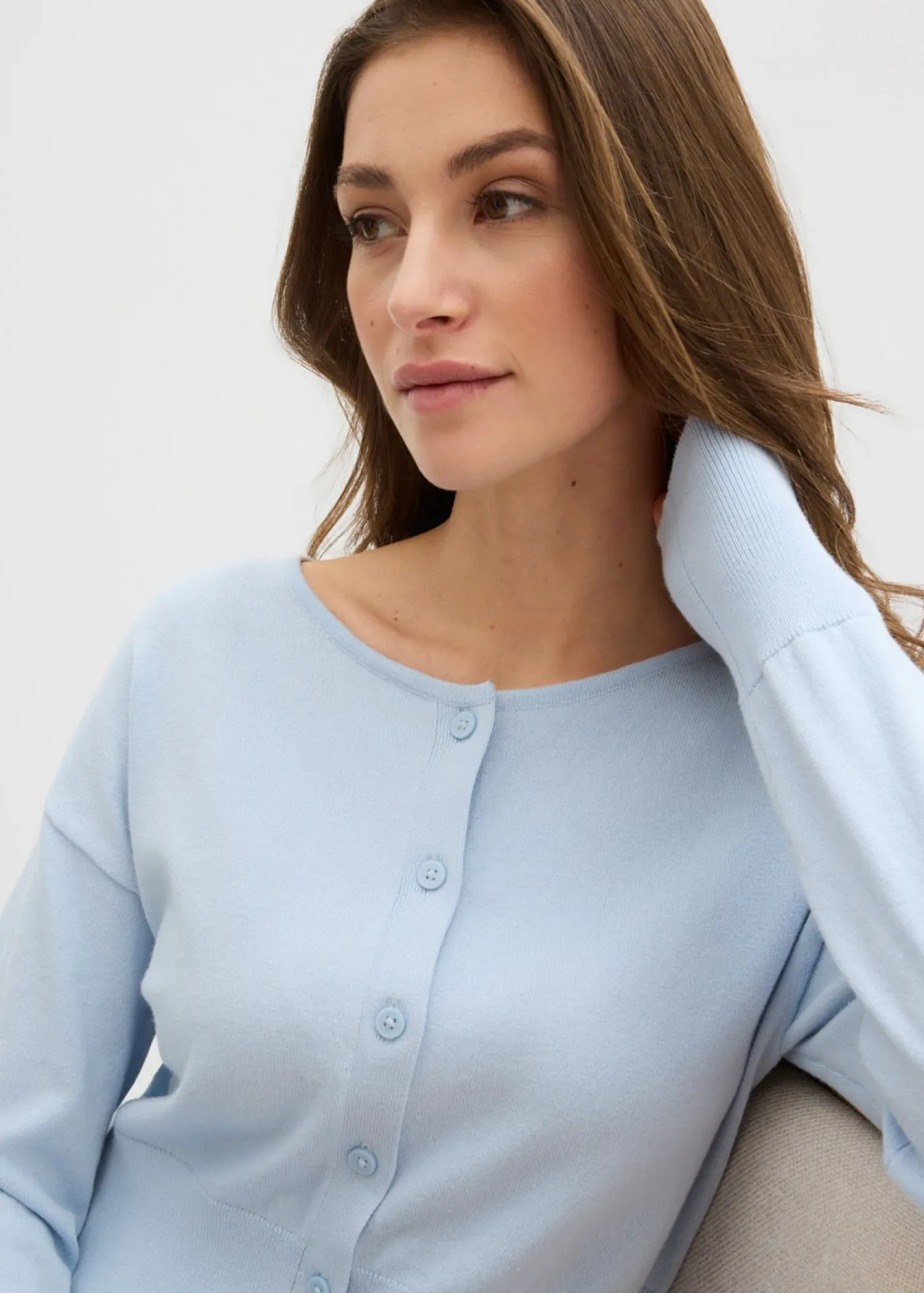 bonprix bonprix Jerséis|Novedades>Chaqueta de punto fino con cuello redondo azul pálido