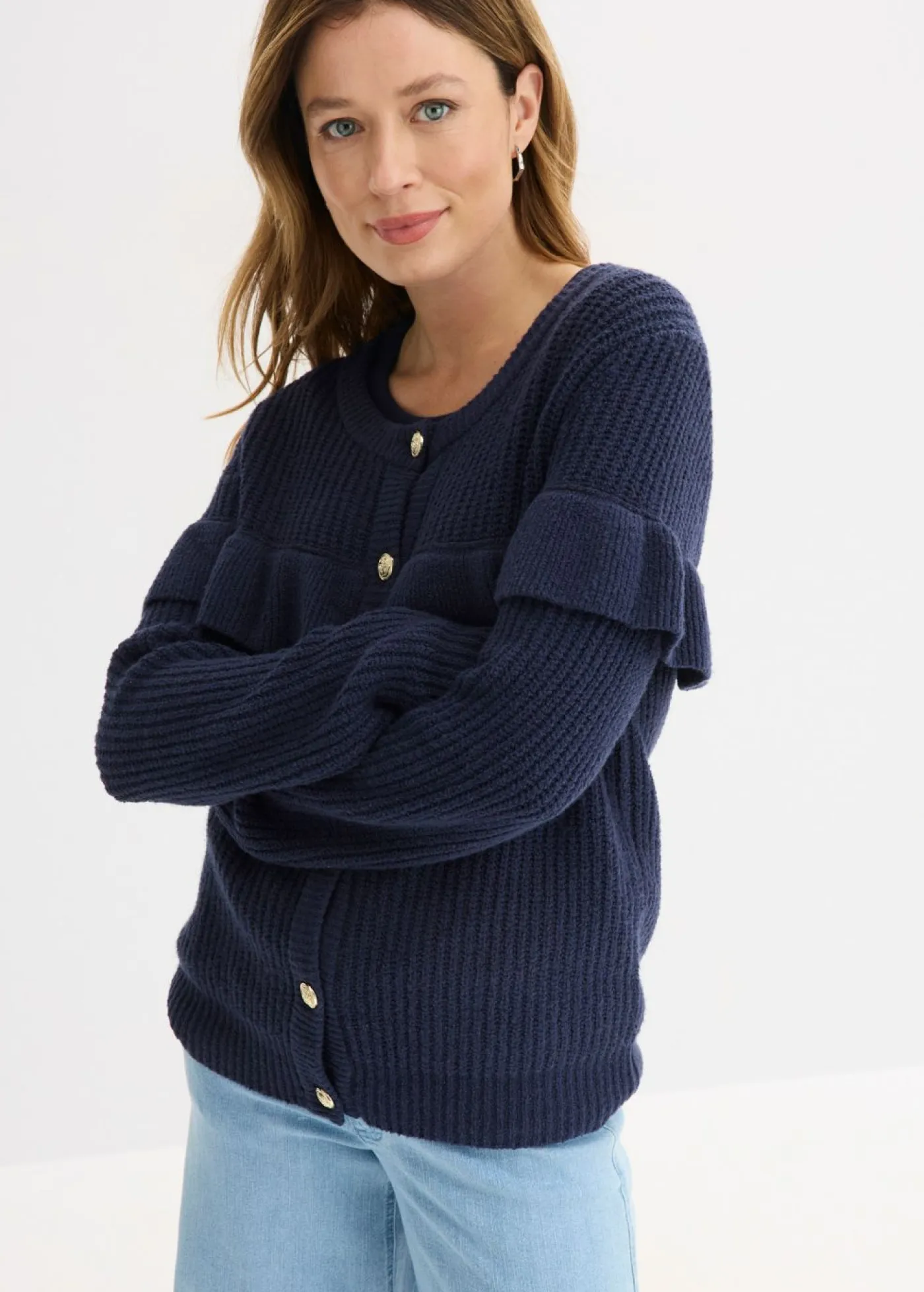 bonprix bonprix Jerséis|Ropa De Punto>Chaqueta de punto fino de mezcla de algodón Azul marino