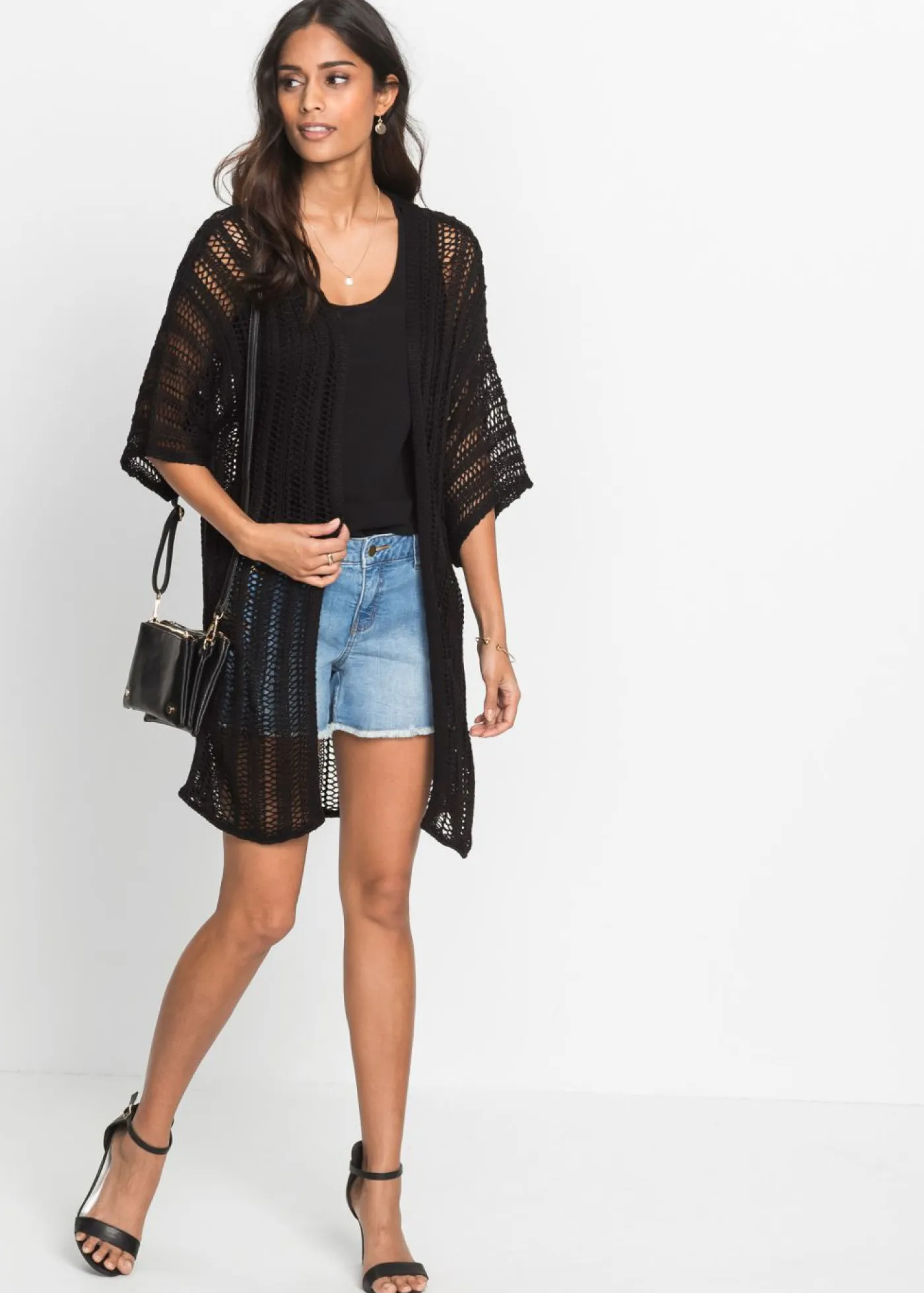 bonprix bonprix Jerséis|Ropa De Punto>Chaqueta de punto larga con calados Negro