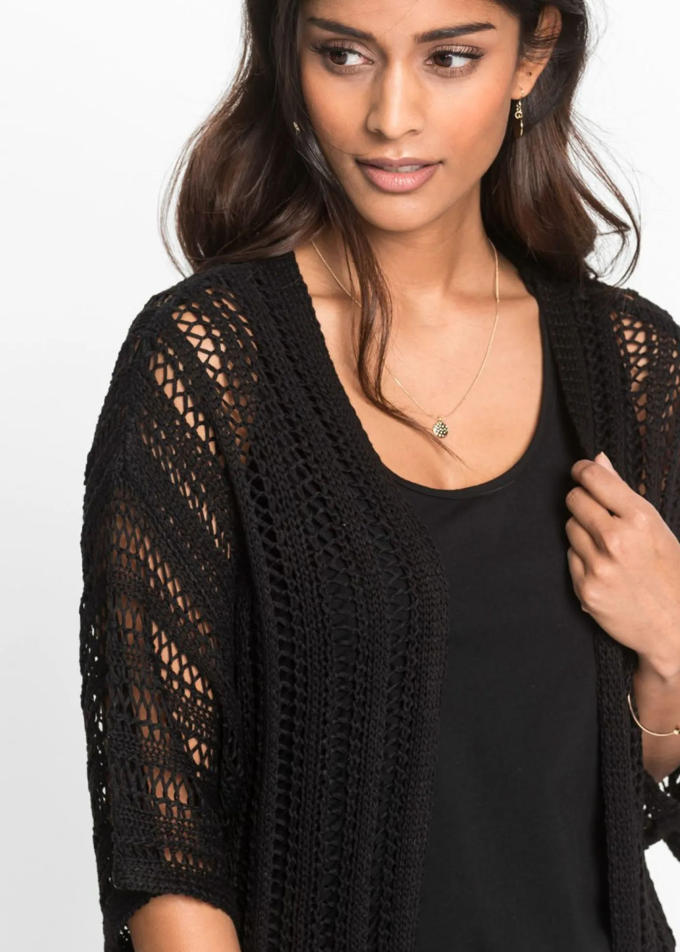 bonprix bonprix Jerséis|Ropa De Punto>Chaqueta de punto larga con calados Negro