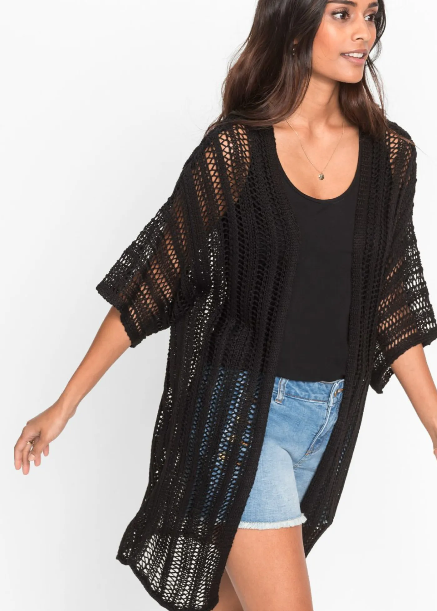 bonprix bonprix Jerséis|Ropa De Punto>Chaqueta de punto larga con calados Negro