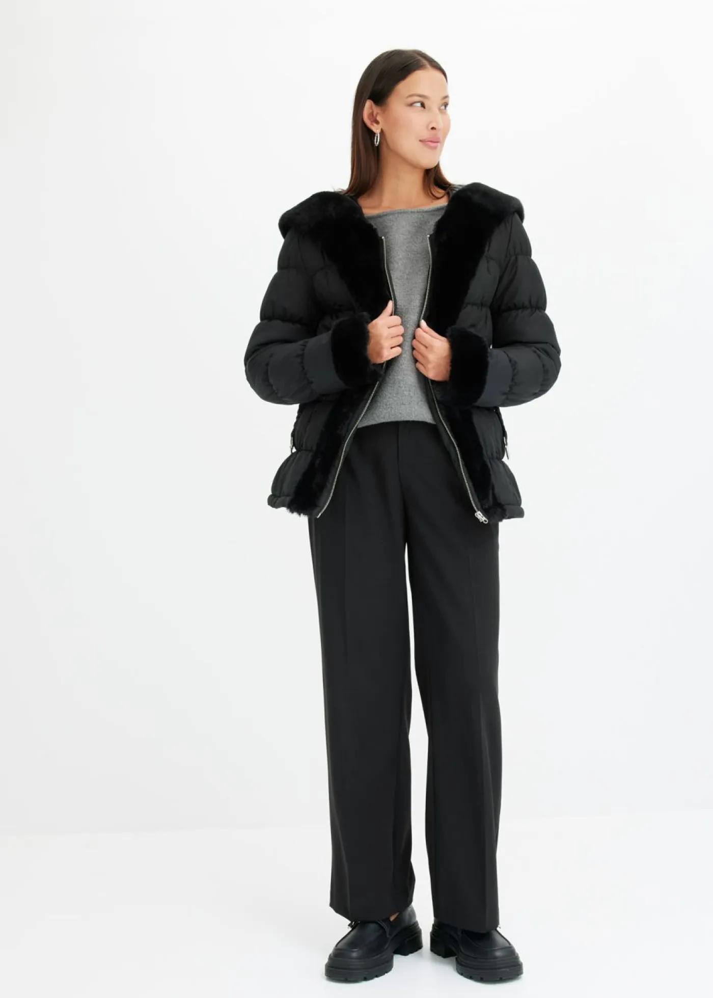 bonprix bonprix Chaquetas Y Abrigos>Chaqueta guateada con pelo sintético Negro