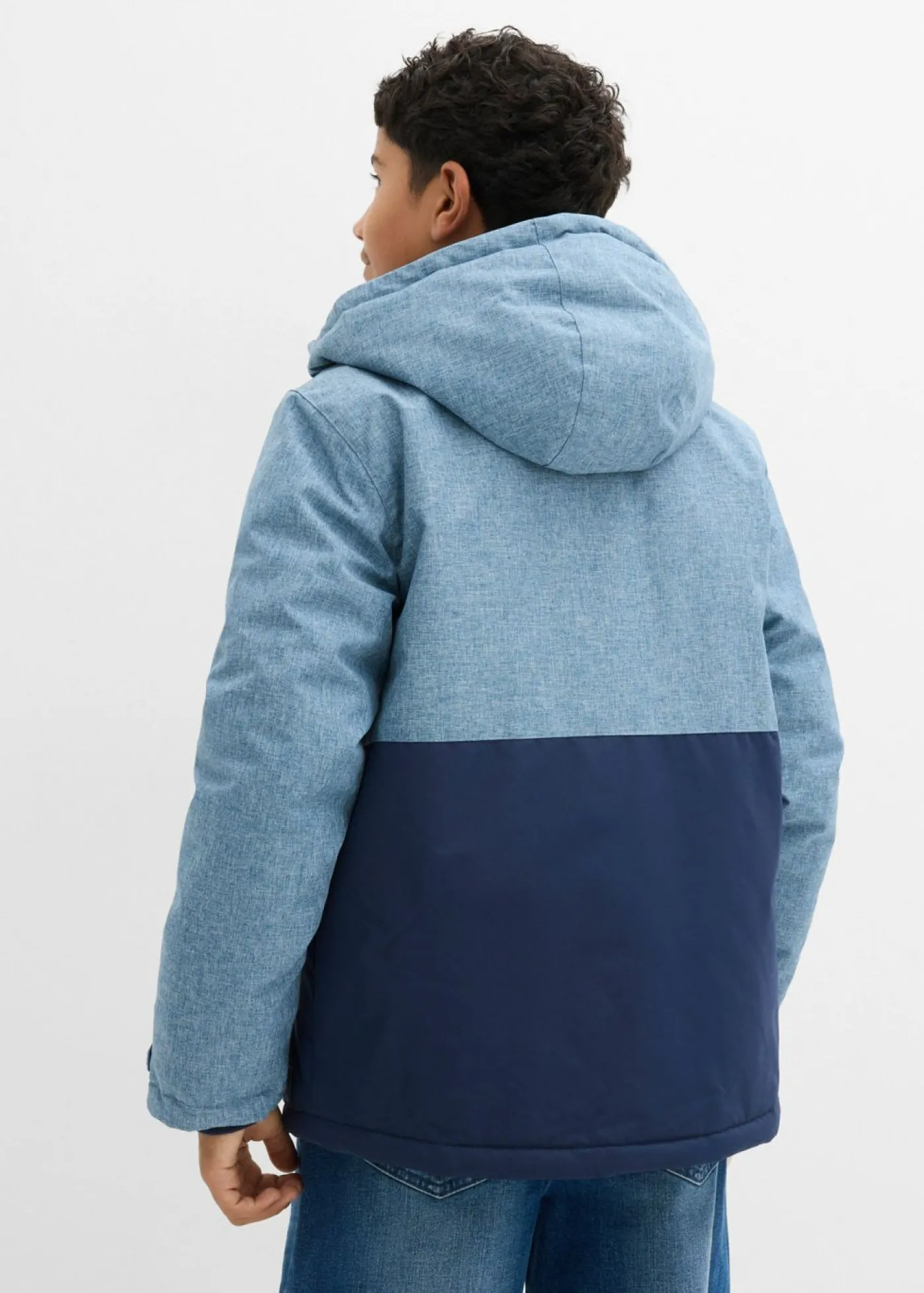 bonprix bonprix Ropa 9 A 16 Años·Chaquetas Y Ropa Outdoor>Chaqueta guateada de invierno con capucha y diseño en color block Azul marino/azul ola jaspeado