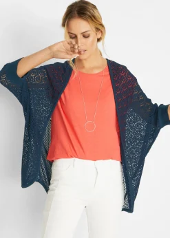 bonprix bonprix Jerséis|Ropa De Punto>Chaqueta larga de punto con patrón calado Azul marino