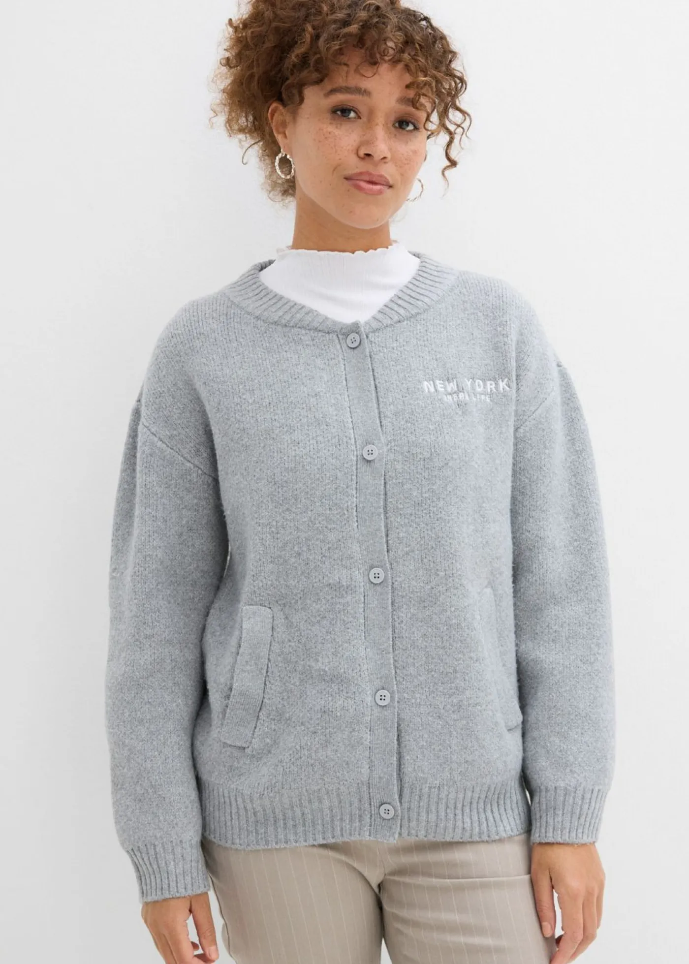 bonprix bonprix Jerséis|Ropa De Punto>Chaqueta oversize de punto Gris claro jaspeado-blanco