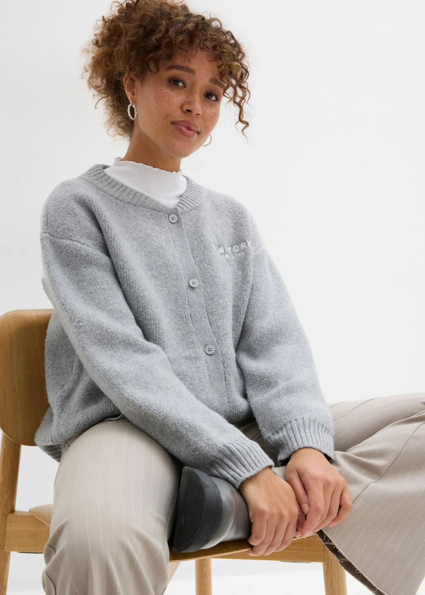 bonprix bonprix Jerséis|Ropa De Punto>Chaqueta oversize de punto Gris claro jaspeado-blanco