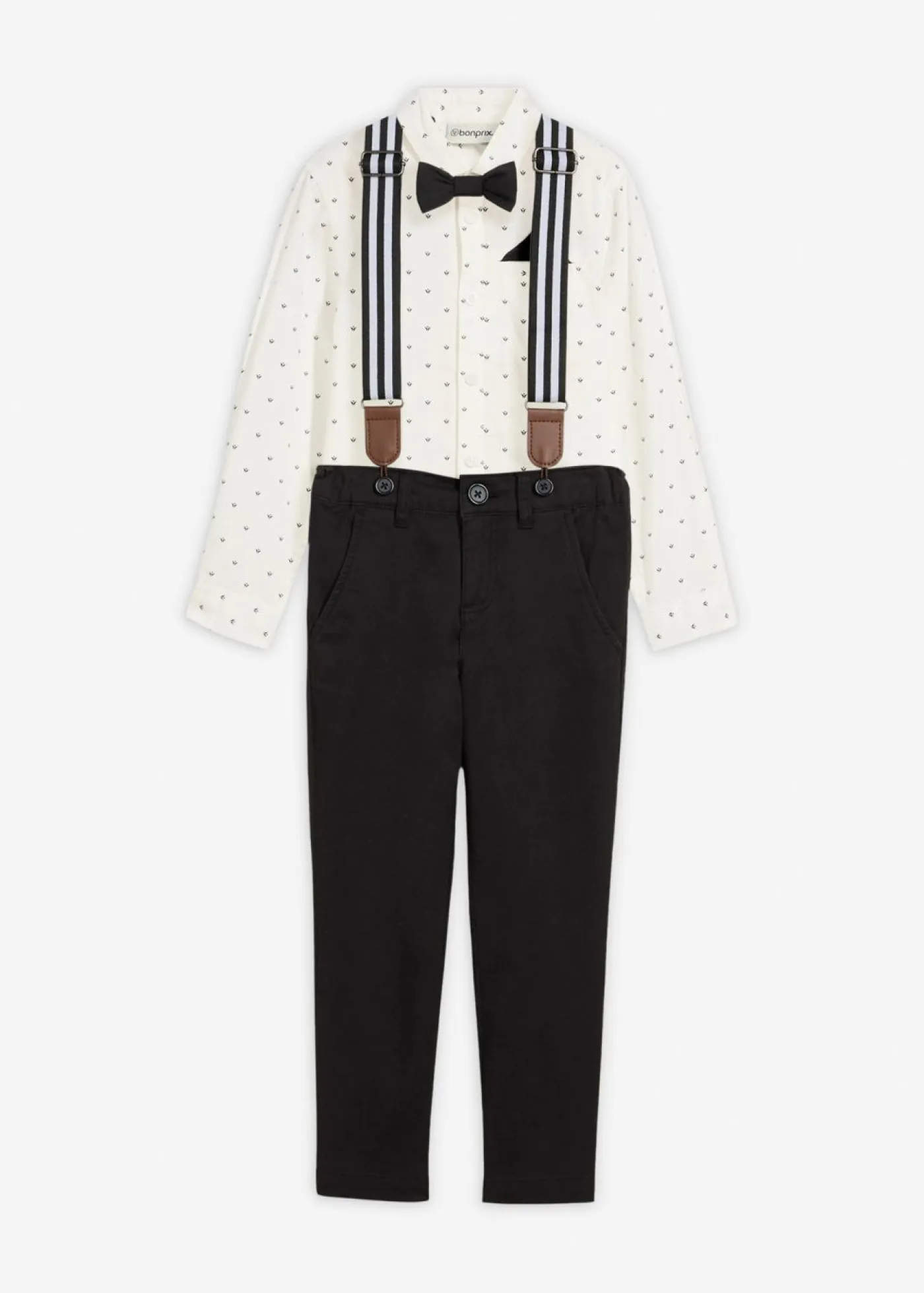 Niños bonprix bonprix Conjunto de camisa de manga larga, pantalón elástico, tirantes y pajarita (4 piezas)