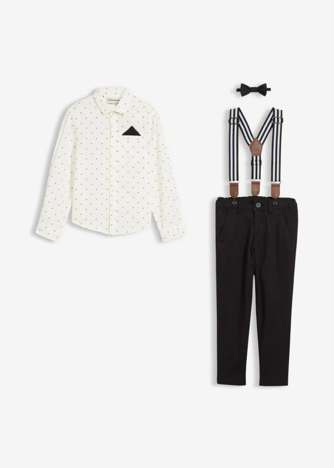 Niños bonprix bonprix Conjunto de camisa de manga larga, pantalón elástico, tirantes y pajarita (4 piezas)