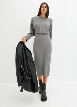 bonprix bonprix Vestidos>Conjunto de vestido de punto (2 piezas) Gris jaspeado