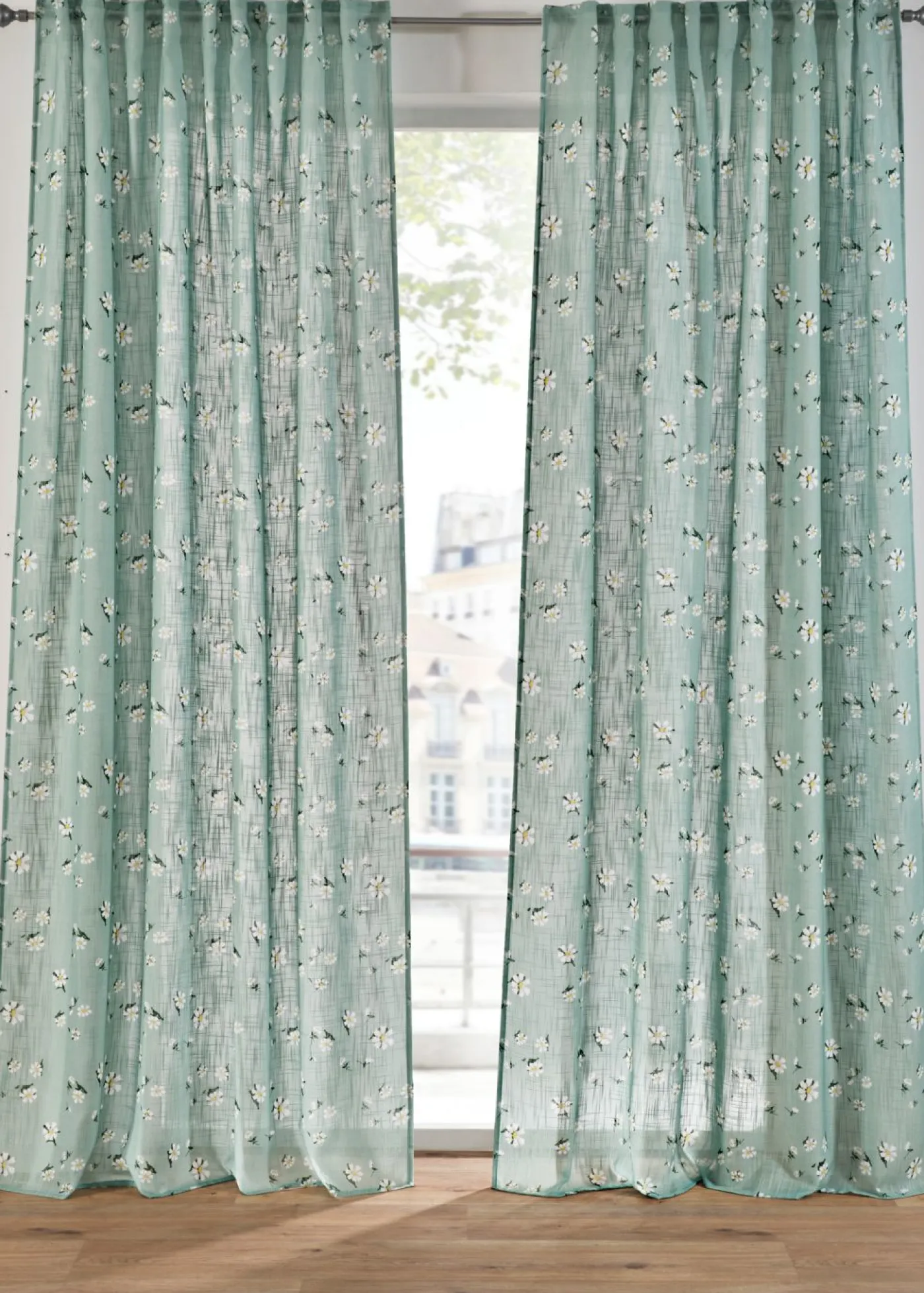 bonprix bonprix Muebles De Sala De Estar·Cortinas De Salón|Cortinas Para Dormitorio>Cortina de poliéster reciclado con estampado de flores (1 unidad) verde-blanco con flores