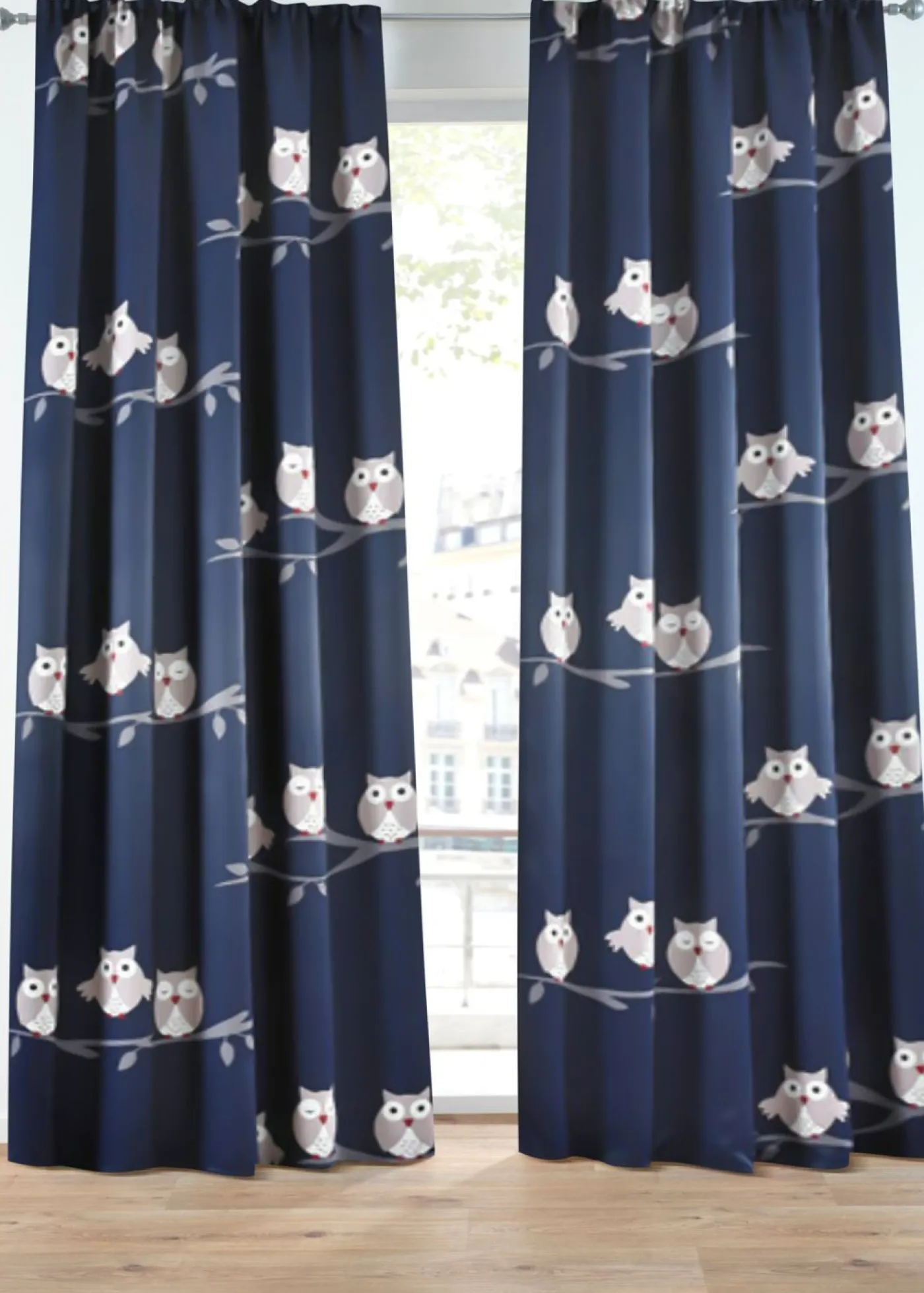 bonprix bonprix Cortinas Opacas|Cortinas Para Dormitorio>Cortina oscurecedora con búhos (1 unidad) Azul