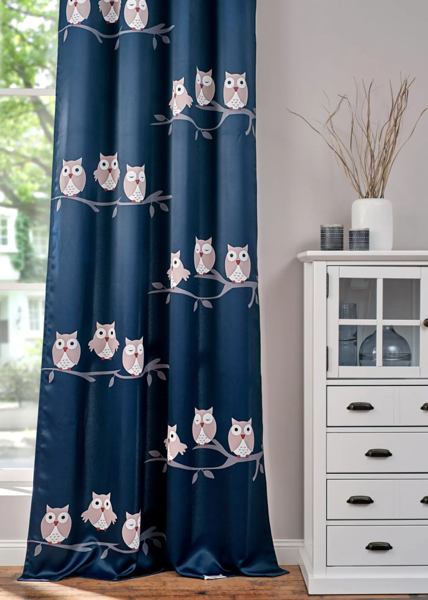 bonprix bonprix Cortinas Opacas|Cortinas Para Dormitorio>Cortina oscurecedora con búhos (1 unidad) Azul