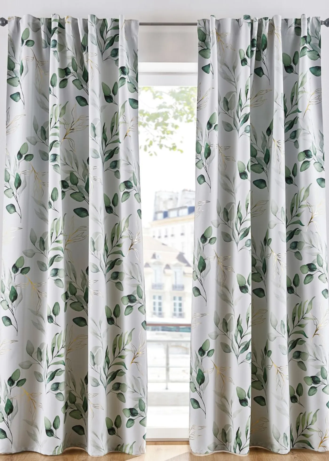 bonprix bonprix Muebles De Dormitorio·Cortinas Opacas|Cortinas Opacas>Cortina oscurecedora con estampado floral brillante (1 unidad) gris claro/oro/verde