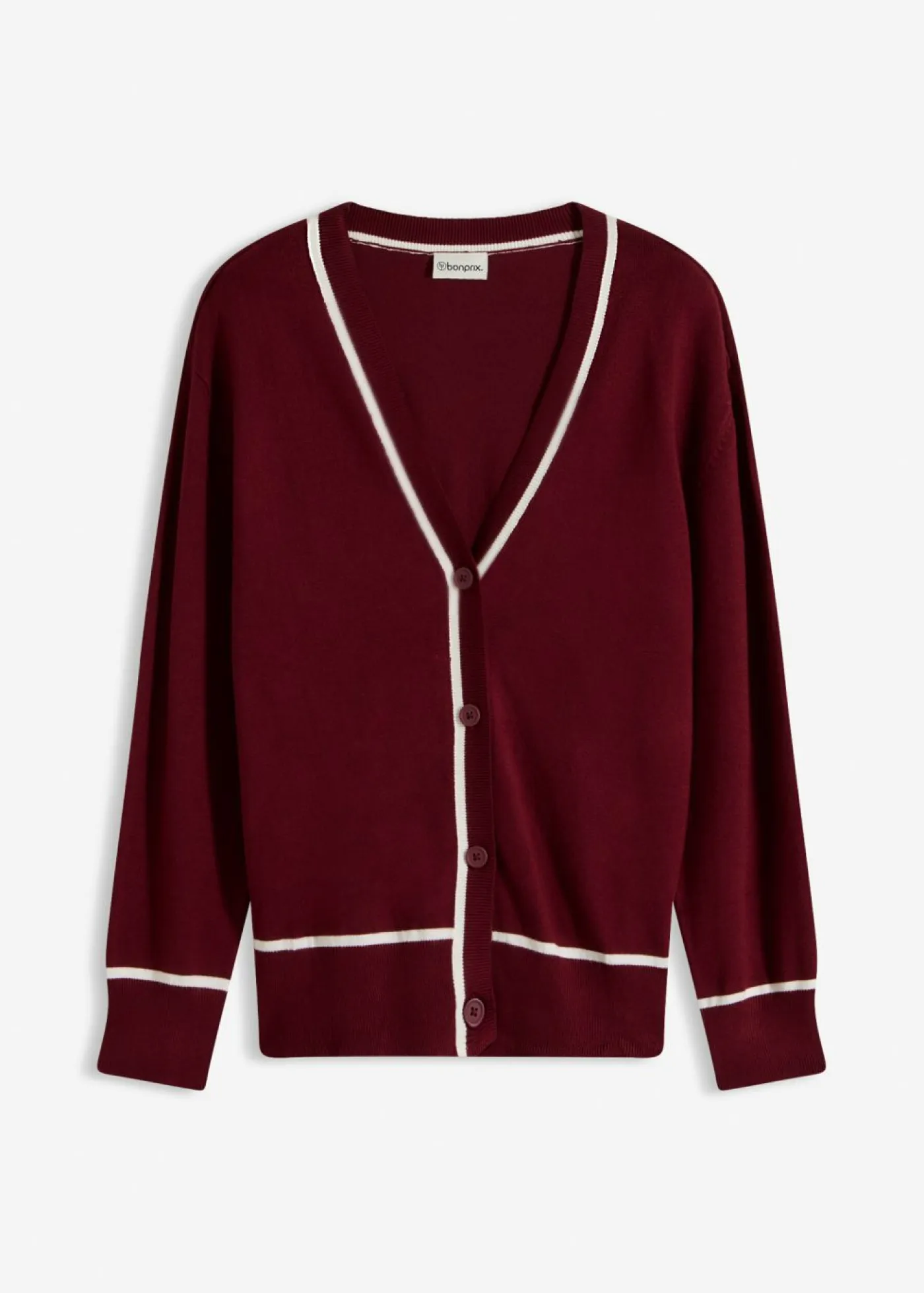 bonprix bonprix Jerséis|Ropa De Punto>Cárdigan con cuello en V rojo rubí-blanco lana