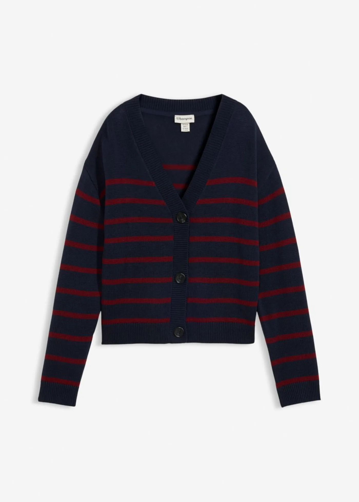 bonprix bonprix Jerséis|Ropa De Punto>Cárdigan de mezcla de algodón azul marino/rojo rubí con rayas