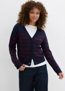 bonprix bonprix Jerséis|Ropa De Punto>Cárdigan de mezcla de algodón azul marino/rojo rubí con rayas