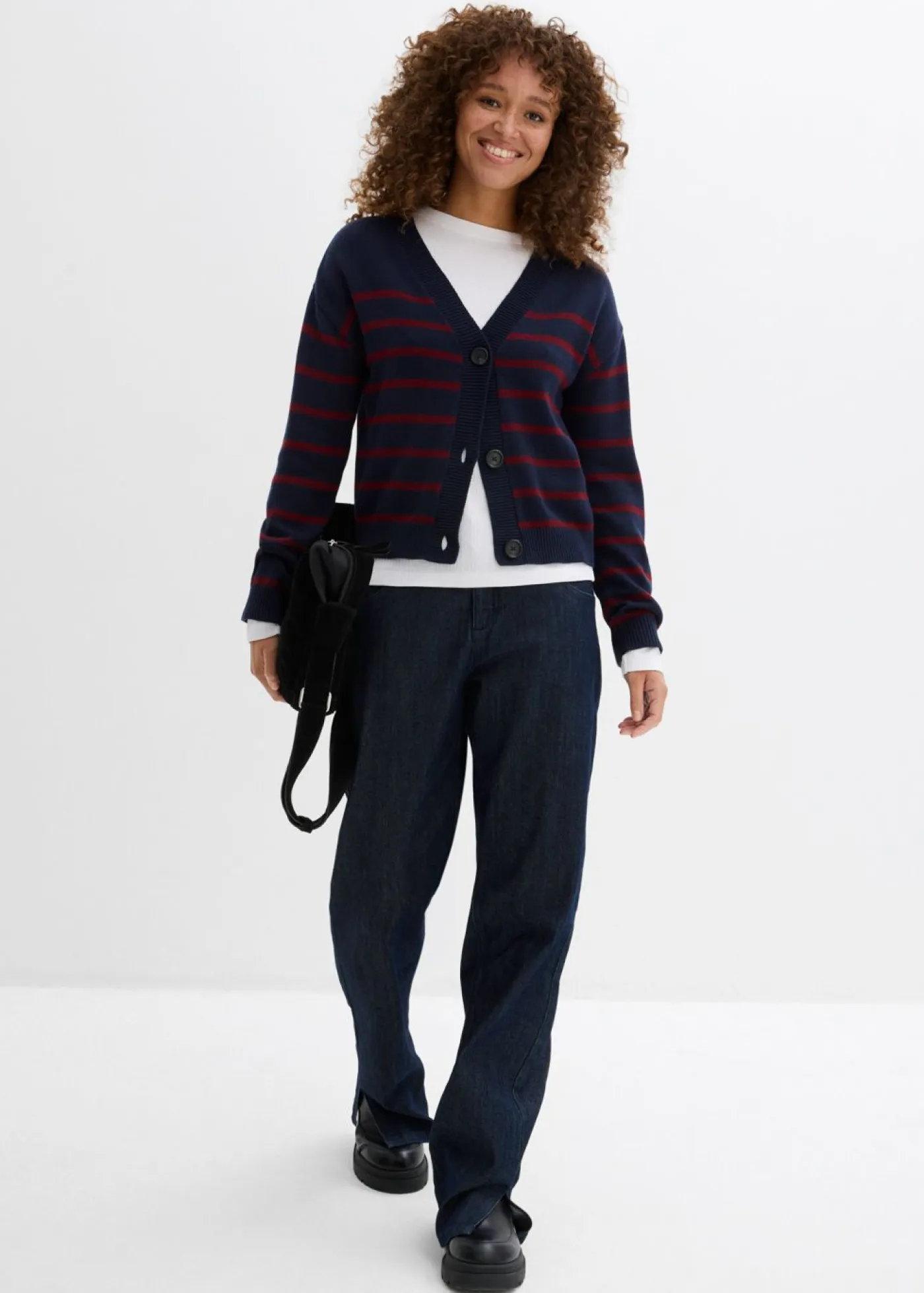 bonprix bonprix Jerséis|Ropa De Punto>Cárdigan de mezcla de algodón azul marino/rojo rubí con rayas