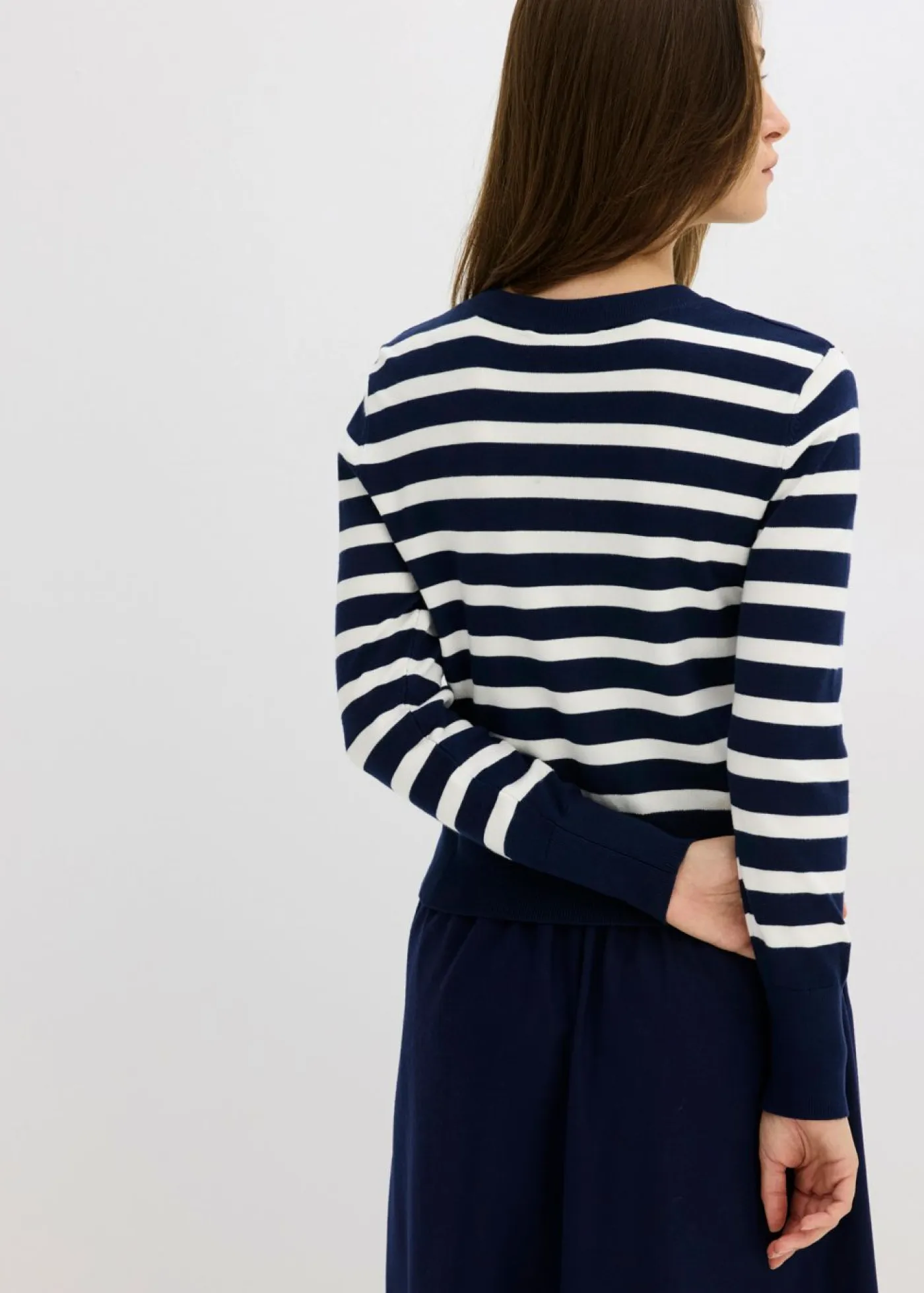 bonprix bonprix Jerséis|Ropa De Punto>Cárdigan de punto fino con rayas azul marino/blanco lana con rayas