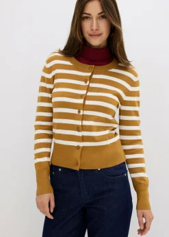 bonprix bonprix Jerséis|Ropa De Punto>Cárdigan de punto fino con rayas avellana-blanco lana con rayas