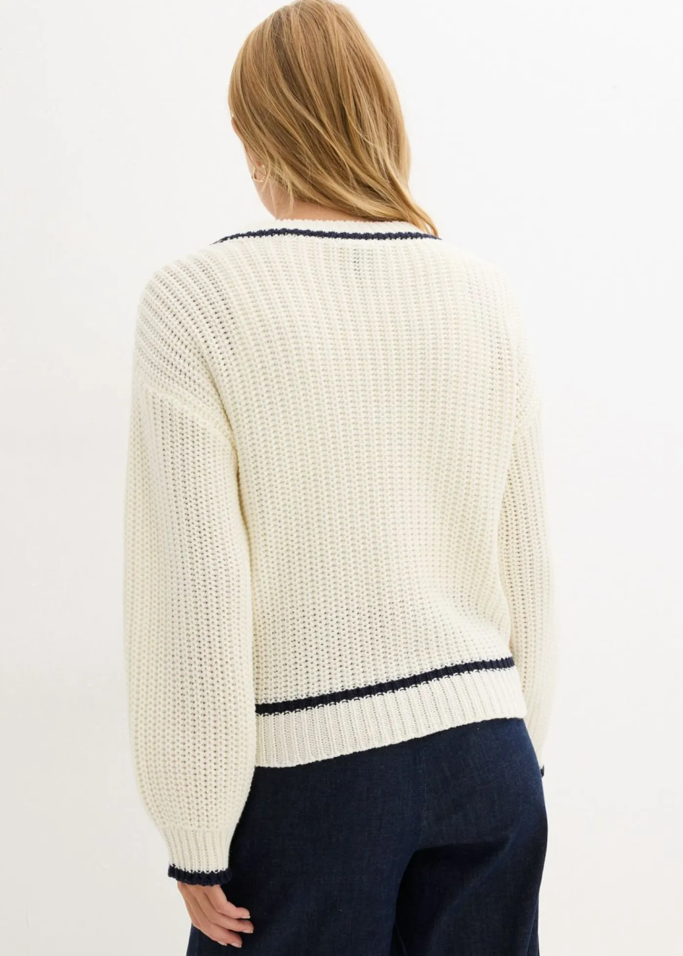 bonprix bonprix Jerséis|Ropa De Punto>Cárdigan de punto grueso de mezcla de algodón Blanco lana/azul marino