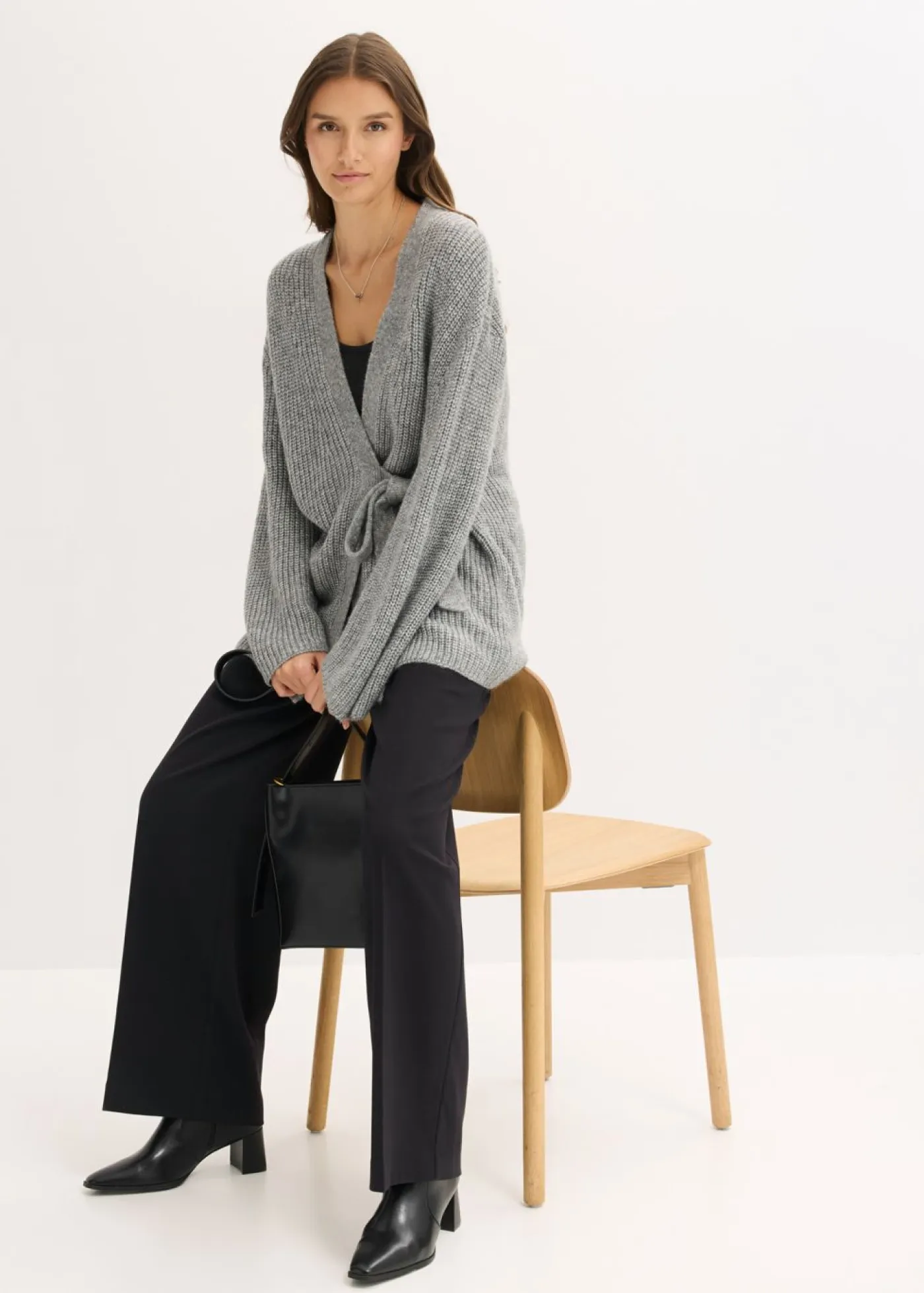 bonprix bonprix Esenciales|Jerséis>Cárdigan holgado con diseño cruzado Gris jaspeado