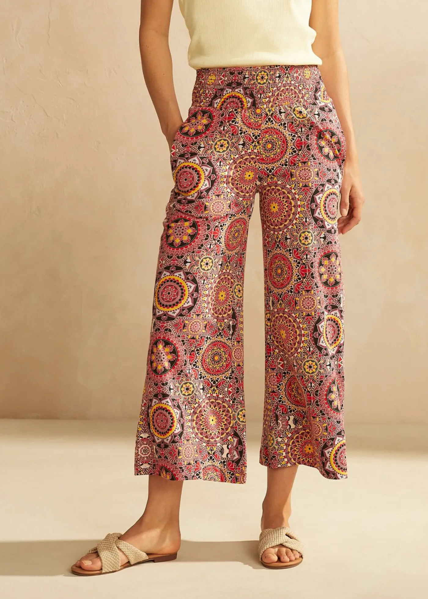 Mujer bonprix bonprix Culotte ancho capri de punto con cinturilla ancha de nido de abeja