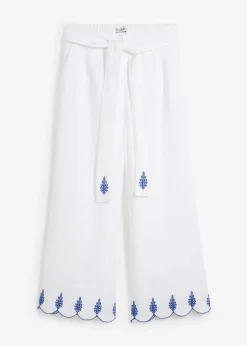 bonprix bonprix Premium|Pantalones>Culotte de lino con cinturón (conjunto de 2 piezas) Blanco