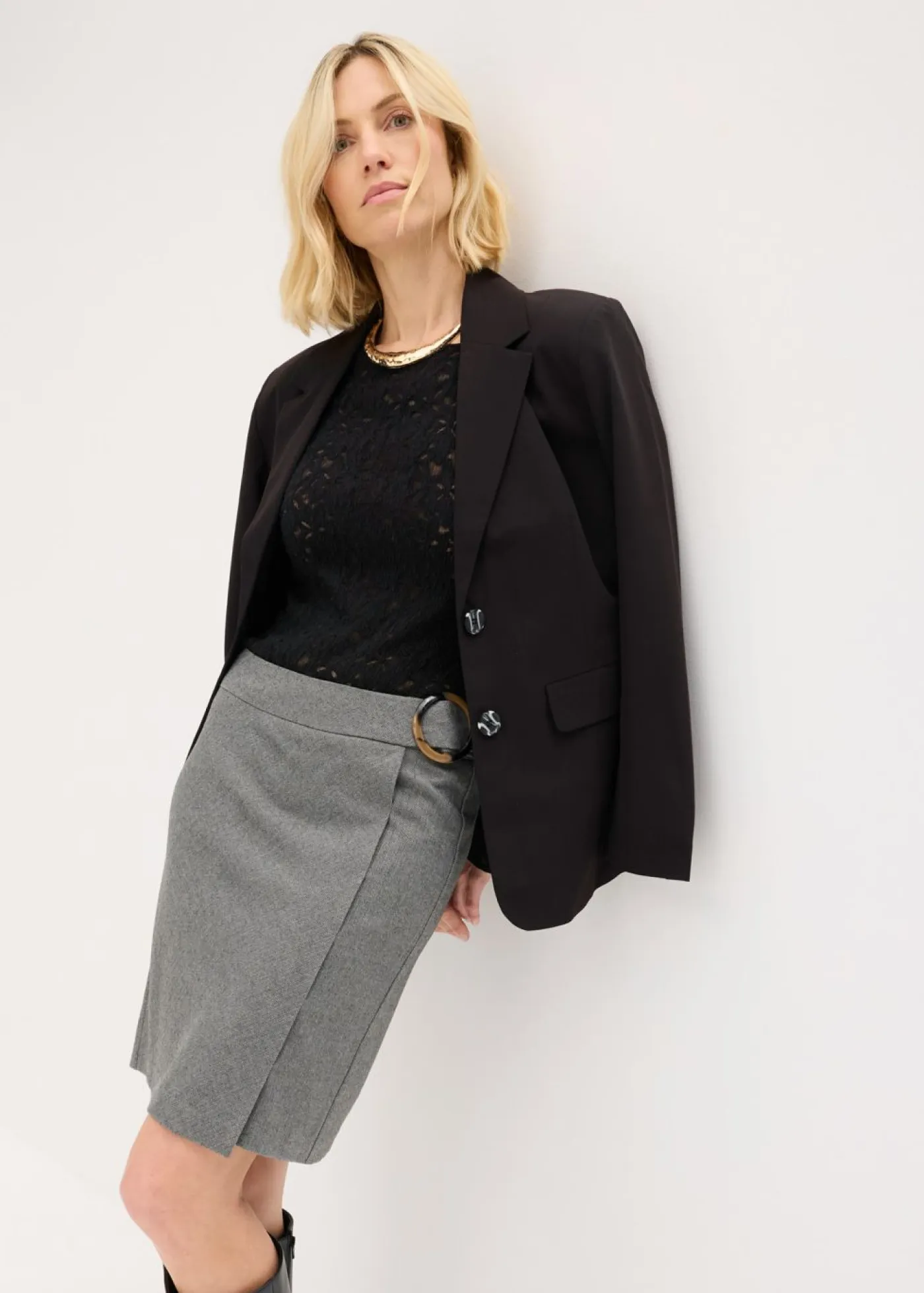 bonprix bonprix Faldas>Falda con aspecto cruzado y patrón de espiga Gris jaspeado