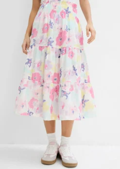 bonprix bonprix Faldas>Falda de capas de muselina rosa flamenco con flores