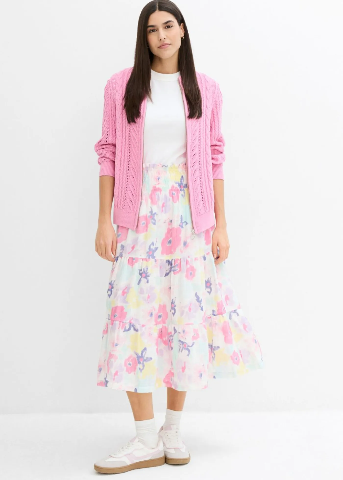 bonprix bonprix Faldas>Falda de capas de muselina rosa flamenco con flores