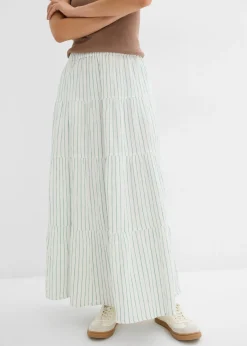 bonprix bonprix Faldas>Falda larga de rayas de algodón puro salvia ahumado-blanco lana con rayas