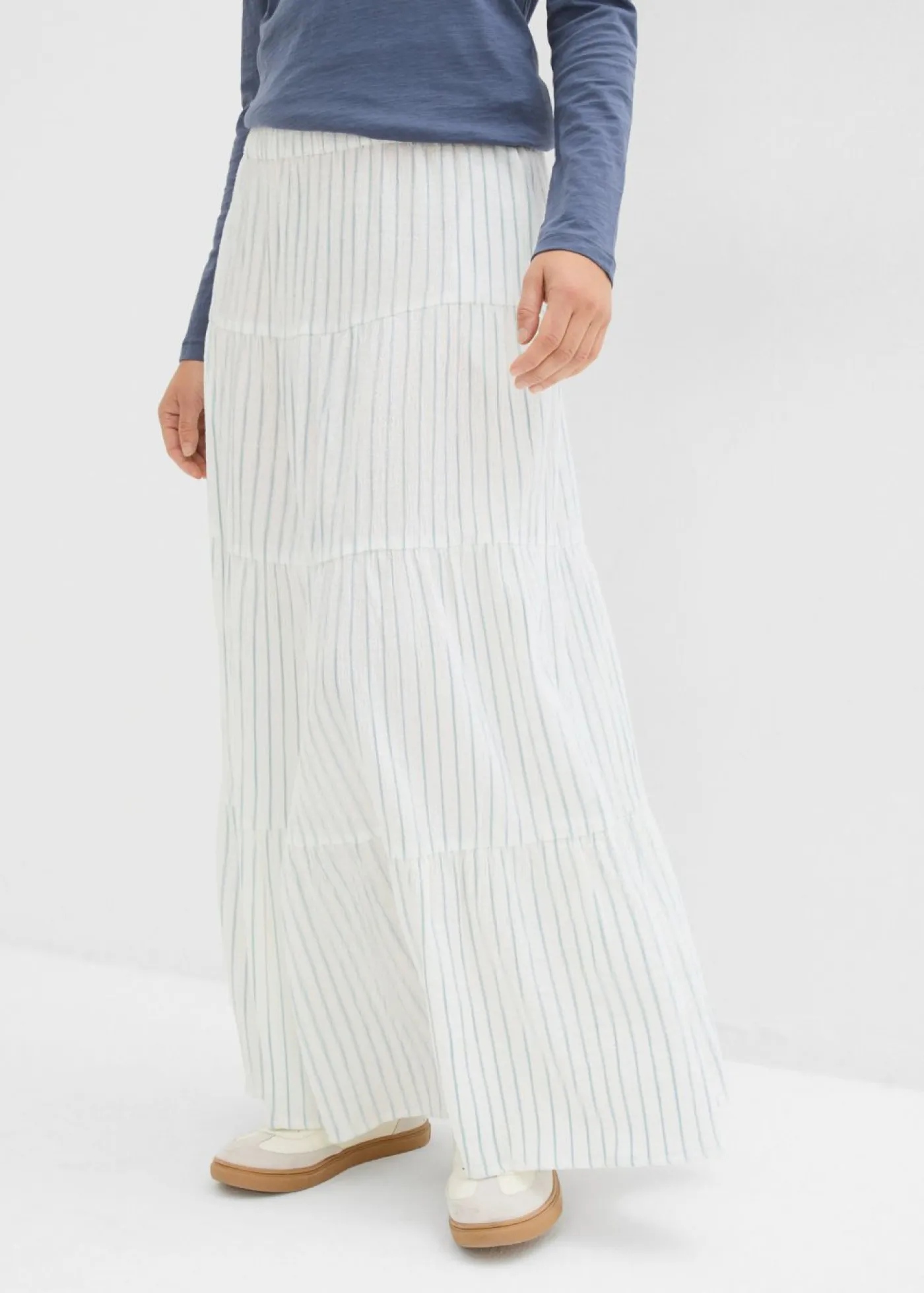 bonprix bonprix Faldas>Falda larga de rayas de algodón puro azul hielo-blanco lana con rayas