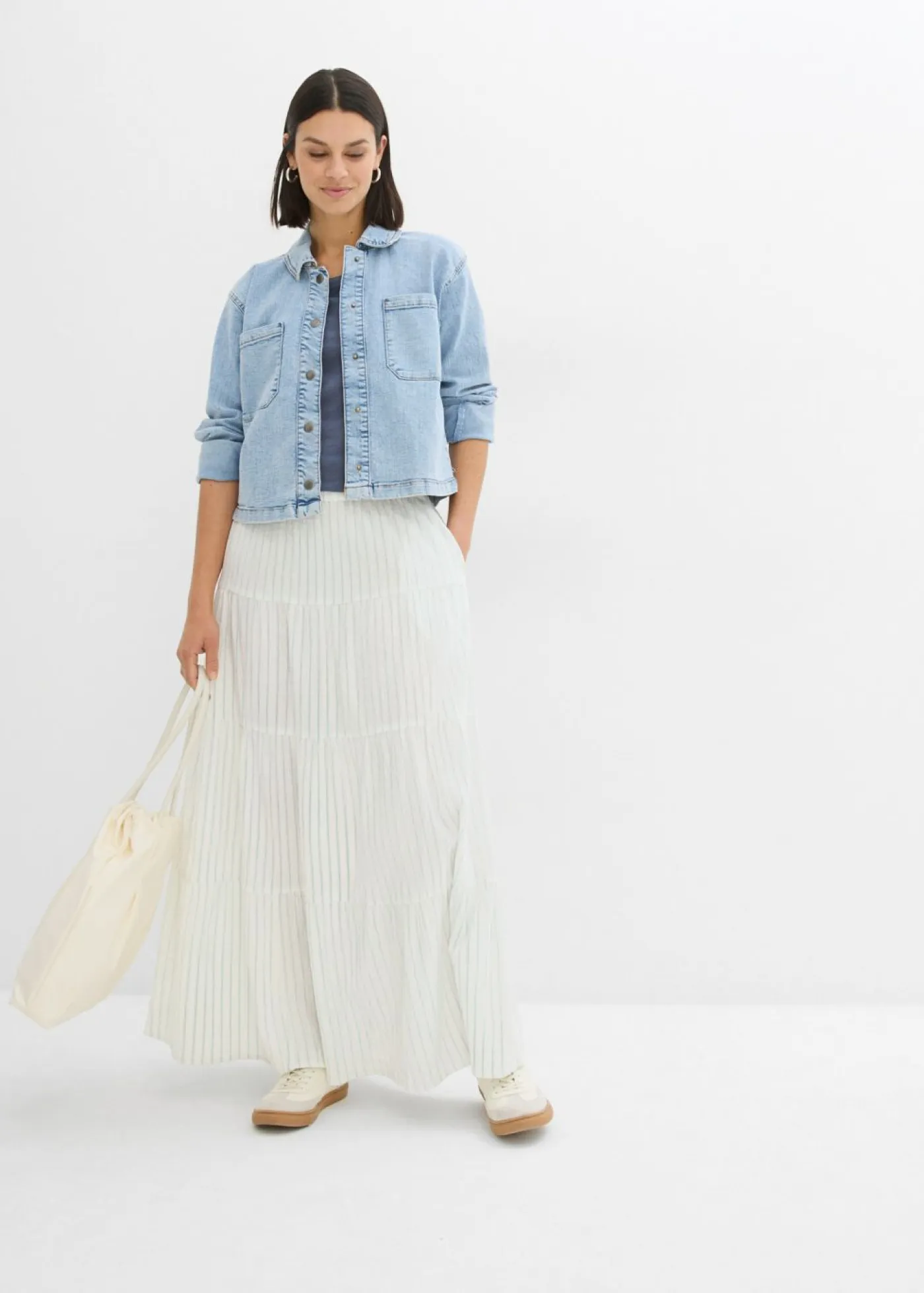 bonprix bonprix Faldas>Falda larga de rayas de algodón puro azul hielo-blanco lana con rayas