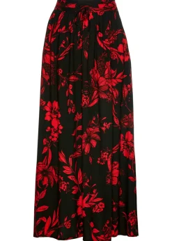 bonprix bonprix Faldas>Falda larga de viscosa con cinturilla cómoda y lazo de anudar Negro-rojo