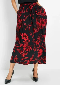 bonprix bonprix Faldas>Falda larga de viscosa con cinturilla cómoda y lazo de anudar Negro-rojo