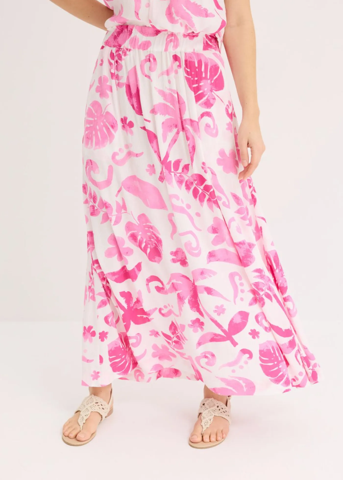 bonprix bonprix Faldas>Falda larga de viscosa estructurada Blanco-fucsia de flores