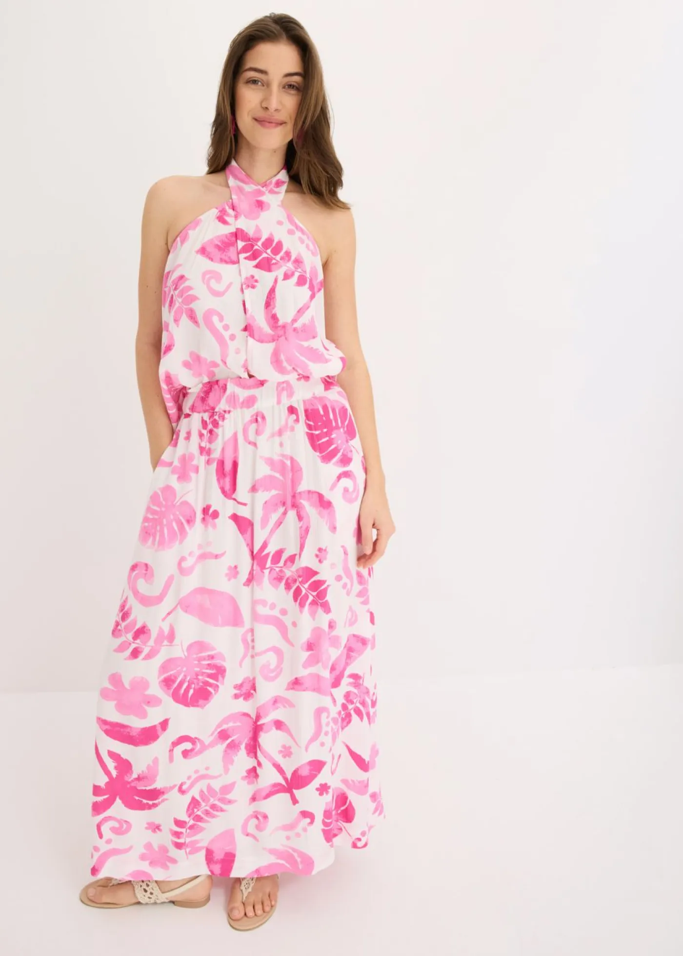 bonprix bonprix Faldas>Falda larga de viscosa estructurada Blanco-fucsia de flores