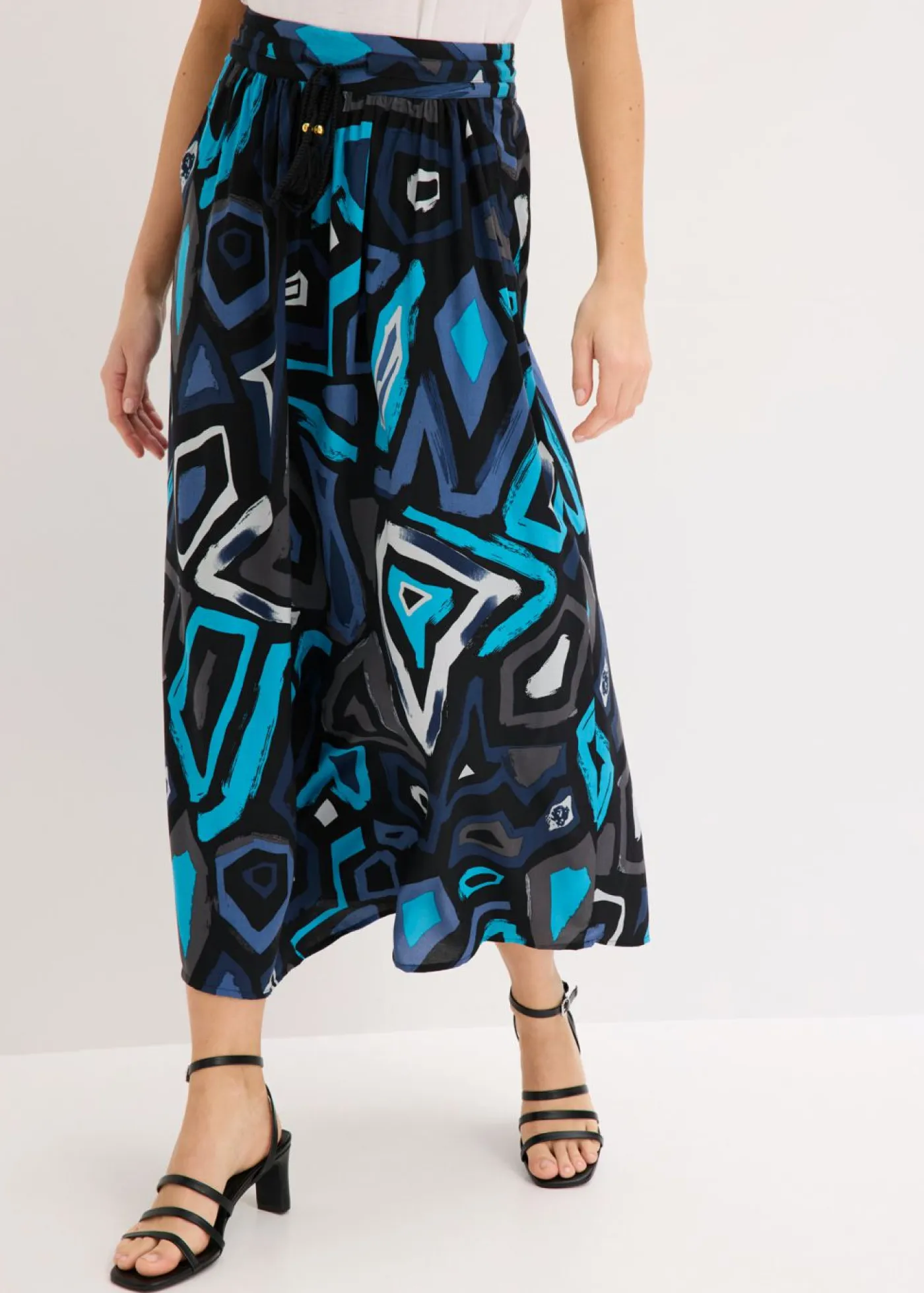 bonprix bonprix Faldas|Novedades>Falda larga de viscosa fluida Negro-azul con estampado gráfico