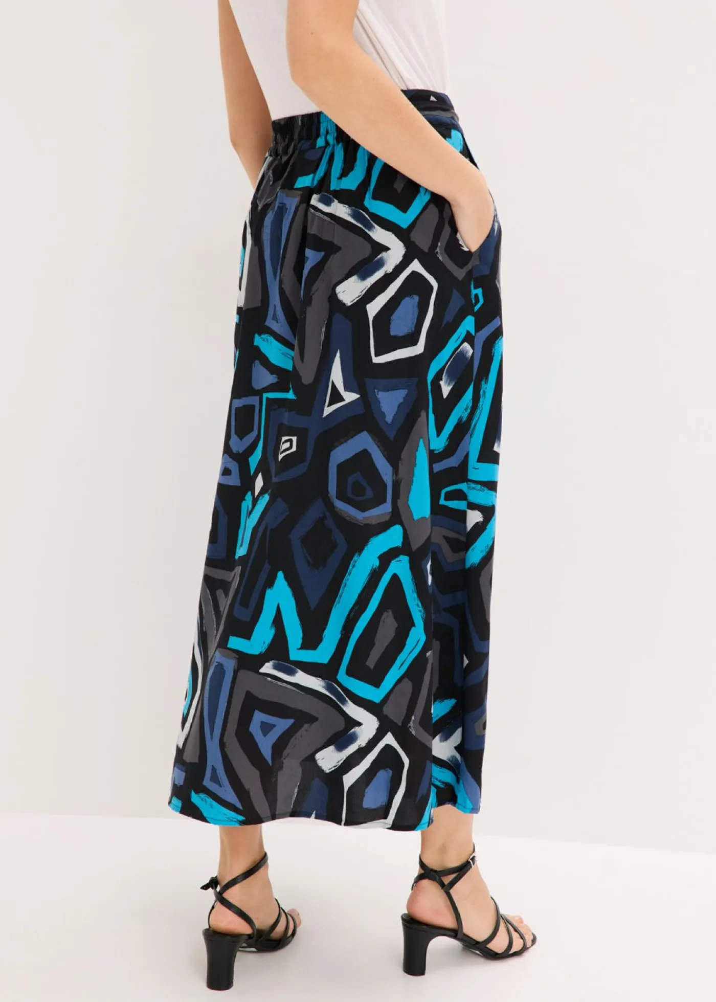 bonprix bonprix Faldas|Novedades>Falda larga de viscosa fluida Negro-azul con estampado gráfico