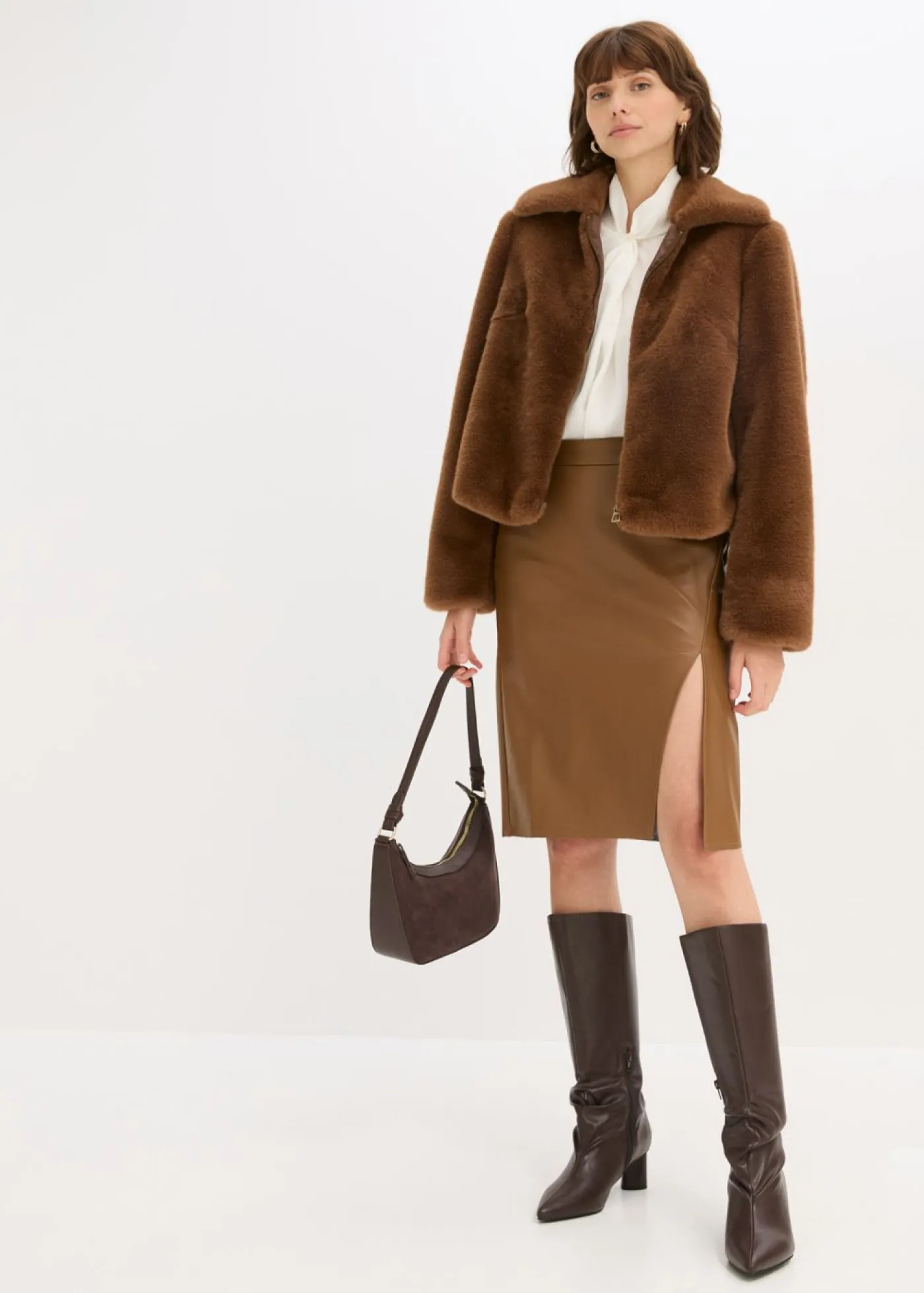 bonprix bonprix Faldas>Falda lápiz de piel sintética marrón pimienta