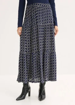 bonprix bonprix Faldas|Novedades>Falda maxi a capas con viscosa estructurada Azul marino de flores