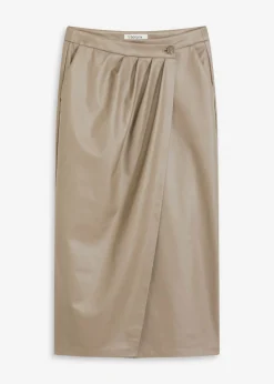 bonprix bonprix Faldas>Falda midi cruzada de piel sintética Marrón grisáceo