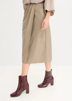 bonprix bonprix Faldas>Falda midi cruzada de piel sintética Marrón grisáceo