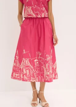 bonprix bonprix Faldas>Falda midi de algodón orgánico puro pink lady/gris guijarro