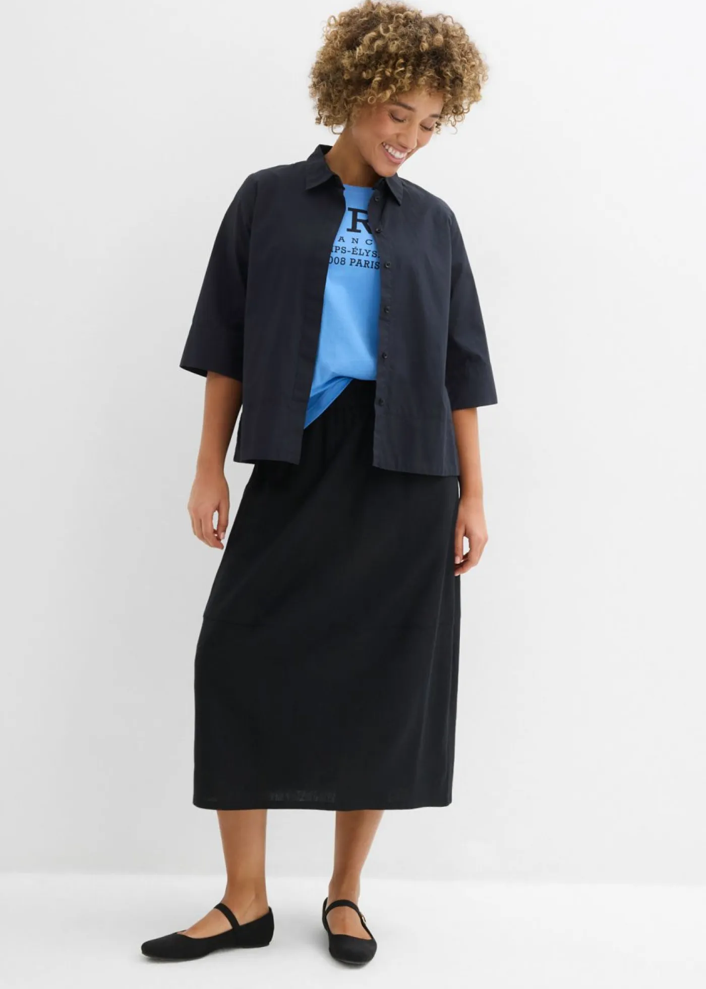 bonprix bonprix Faldas|Novedades>Falda midi de mezcla de lino ligero Negro